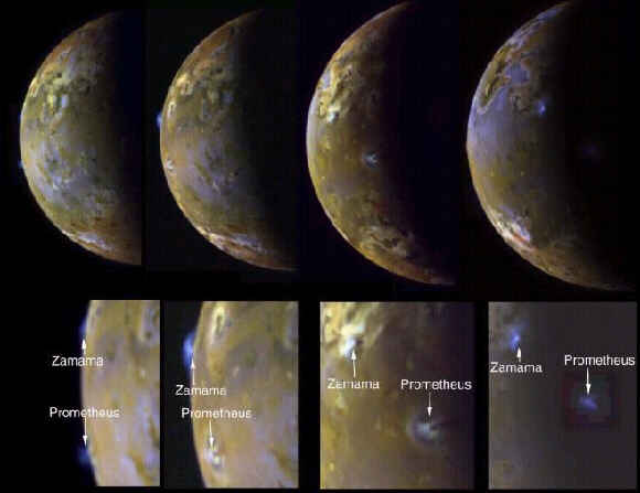Sequence Showing Active Volcanic Plumes on Io：PIA01652